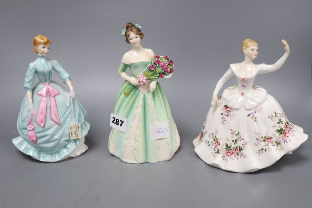 Three Royal Doulton porcelain figures and six Beswick, Doulton and Beatrix Potter figures